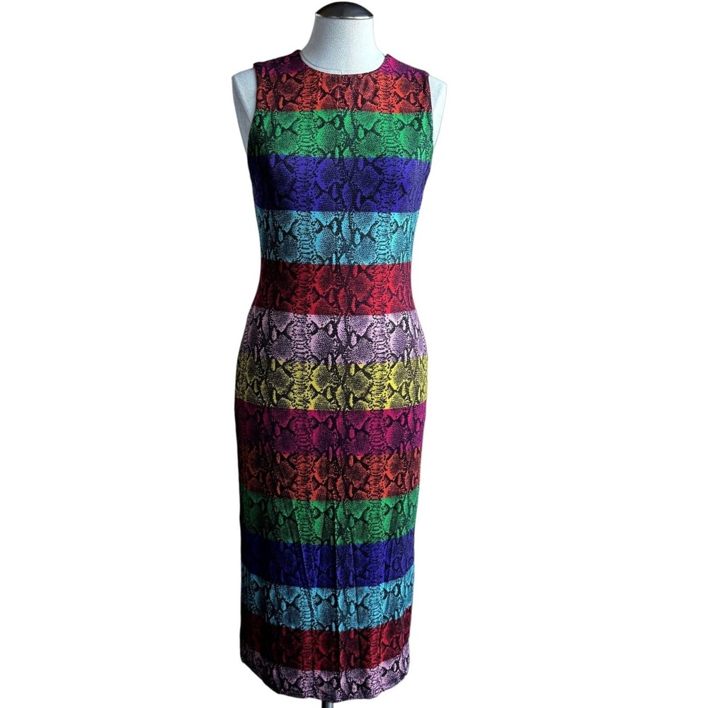 Alice + Olivia Women's Dress 8 Rainbow Snake Stripe Fitted Sleeveless Sheath‎